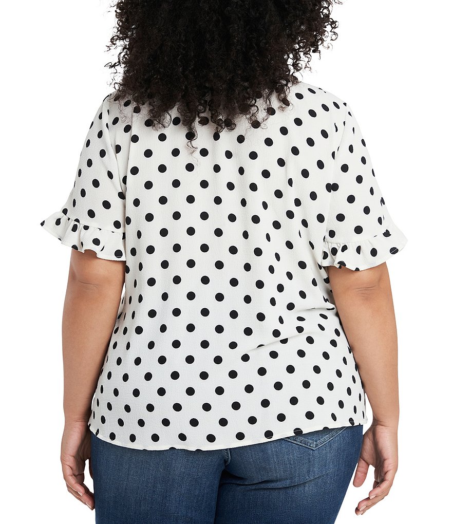 CeCe Plus Size V-Neck Ruffled Short Sleeve Disco Dot Button Front Blouse
