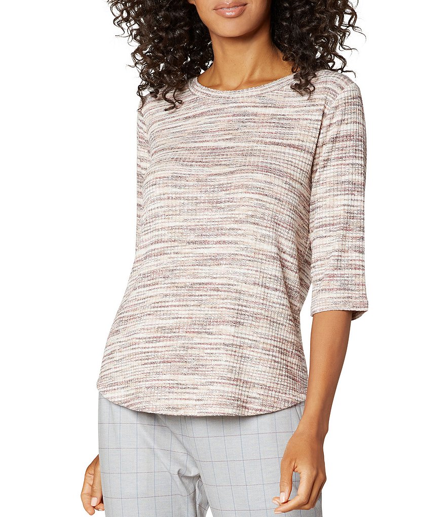 Liverpool Los Angeles Elbow Sleeve Jewel Neck Stripe Knit Top