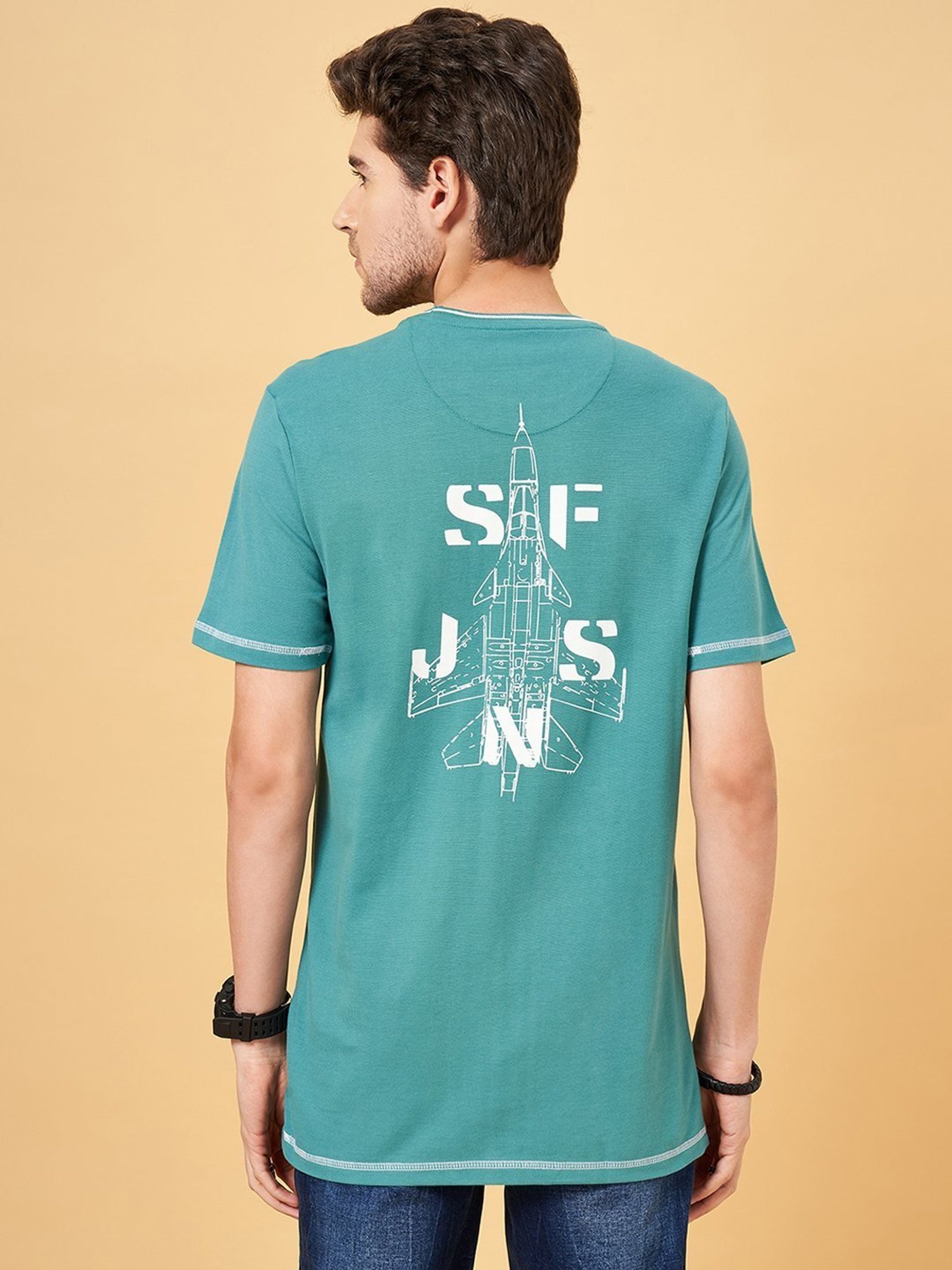 Sf Jeans By Pantaloons Dusty Turquoise Slim Fit Printed T-Shirt