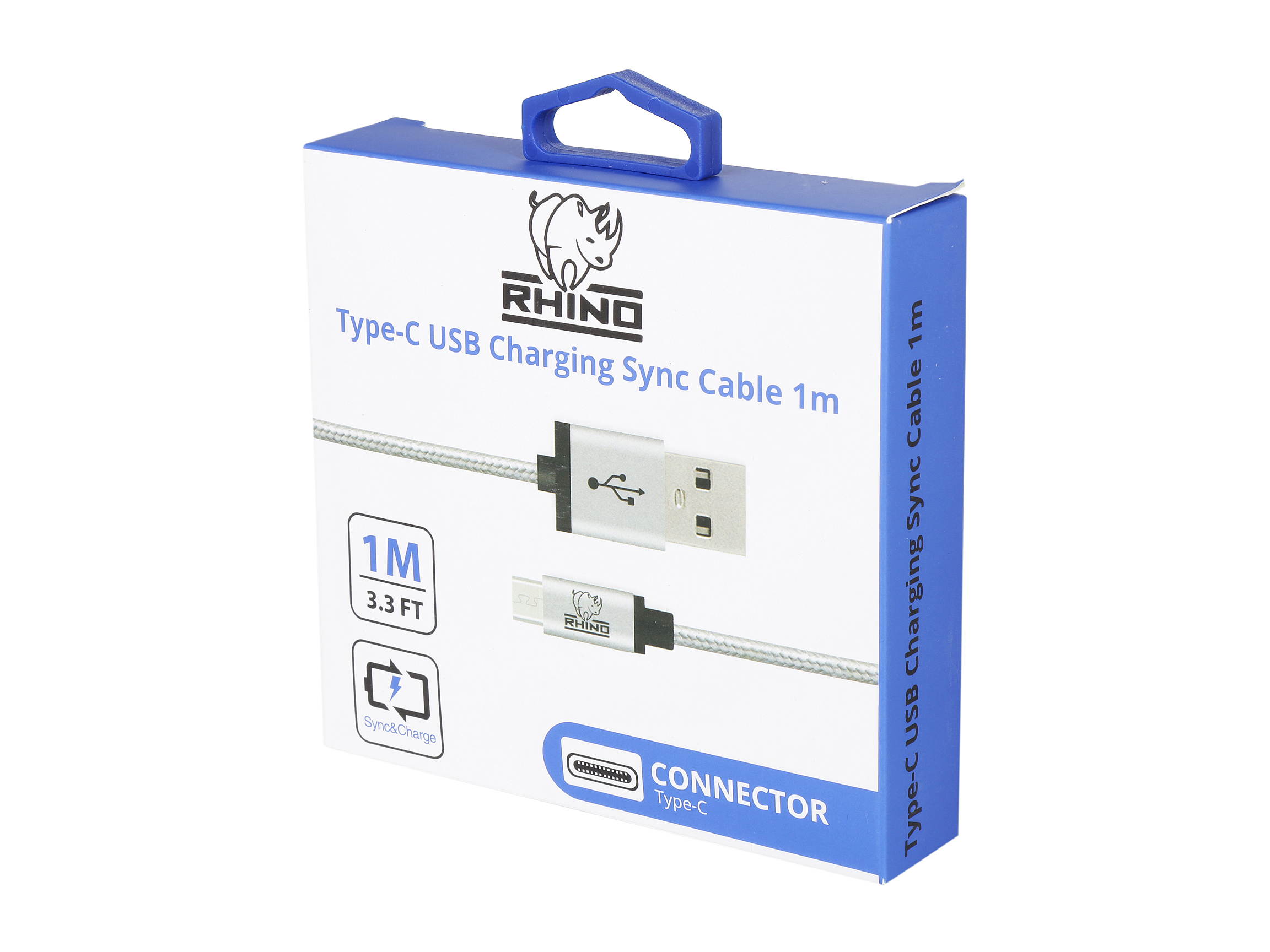 Rhino Rugged Certified USB Type C, Male to USB Type A, Tough Braided Extra Strong Jacket - Sync/Charge Cable for Apple MacBook, Samsung Note 7, Google ChromeBook, 3.3 Feet / 1 Meter (Silver)