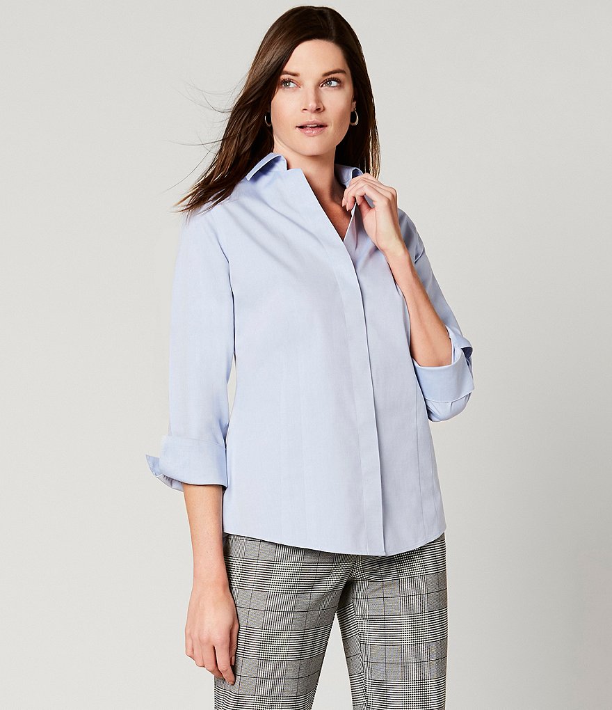 Investments Petite Size Taylor Gold Label Non-Iron Y-Neck 3/4 Sleeve Button Front Shirt