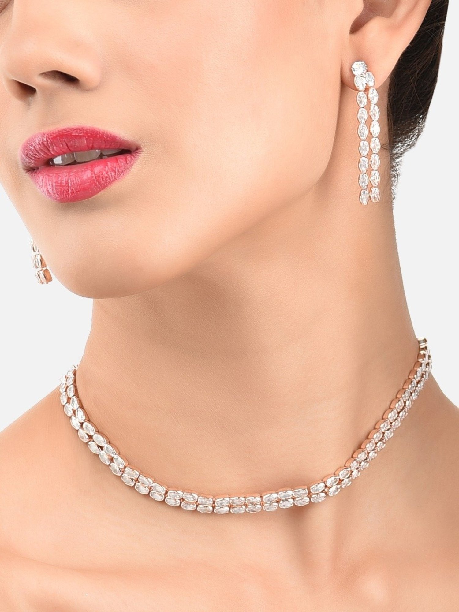 Zaveri Pearls Rose Gold Dazzling Cubic Zirconia 2 Strands Necklace Earring & Bracelet Set-ZPFK12571