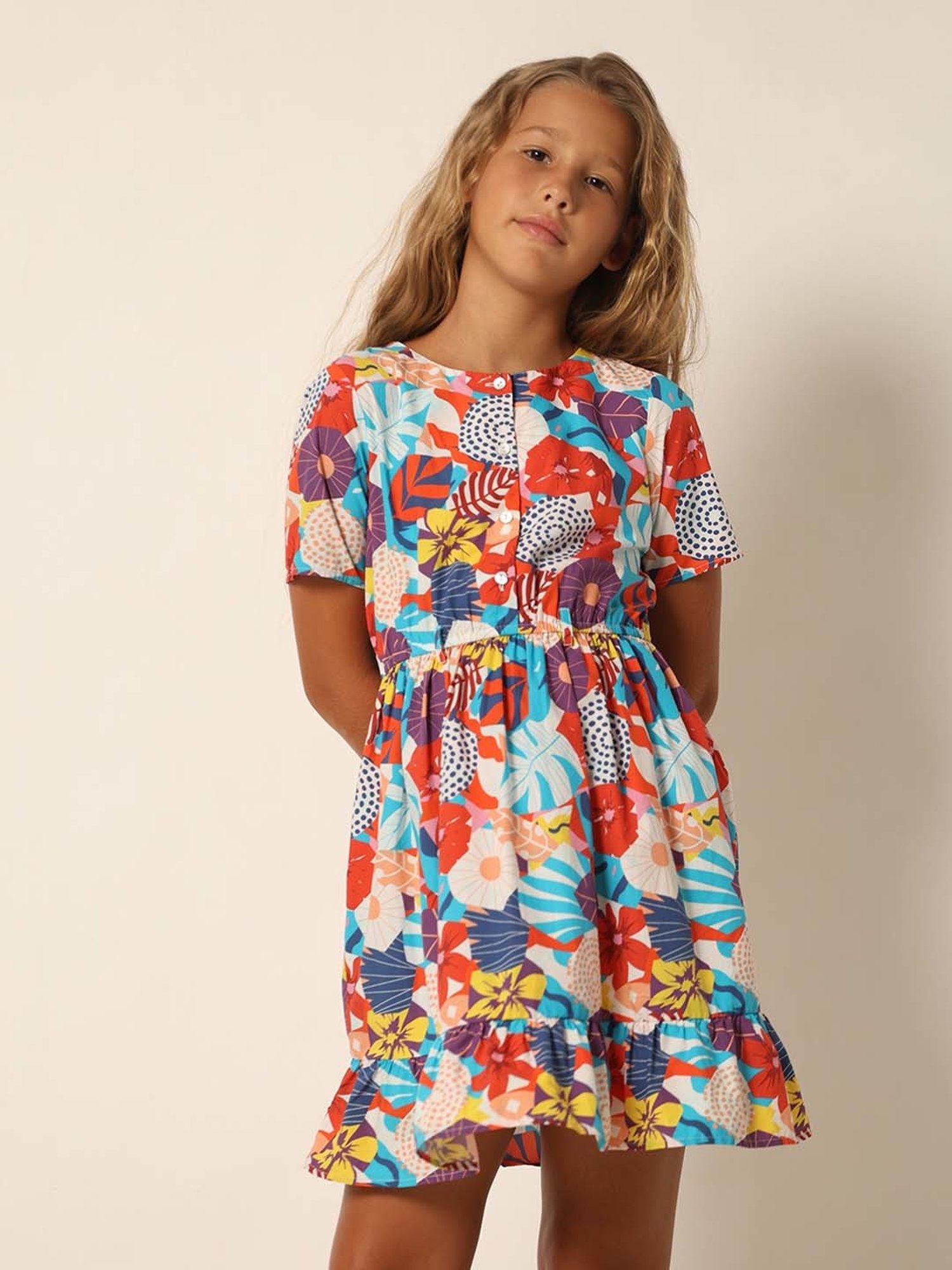 VERO MODA GIRL Multicolor Cotton Floral Print Dress