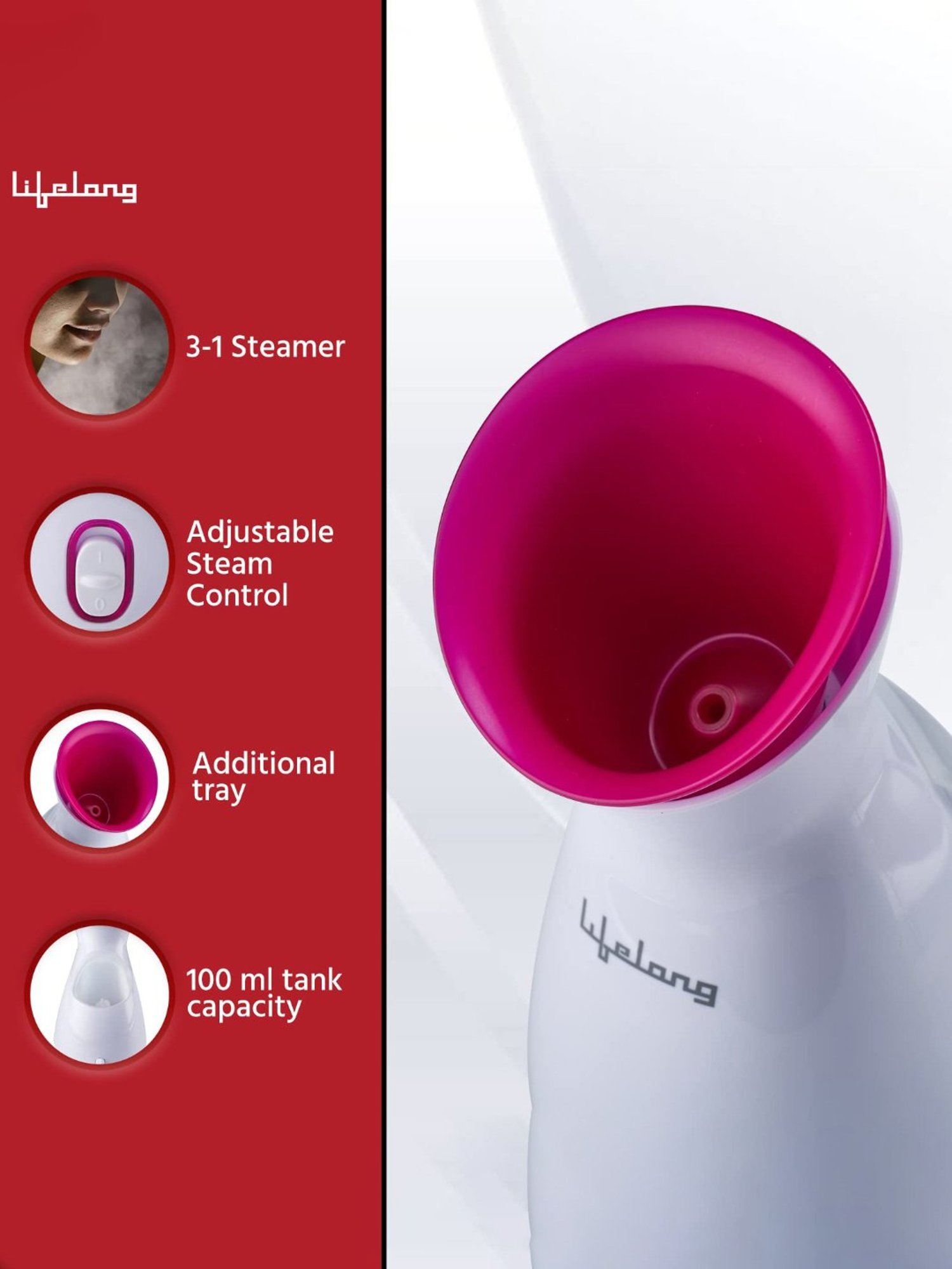 Lifelong LLS45 Warm Mist Cough, Cold and Moisturising Facial Steamer with UV Sterilisation (Pink)