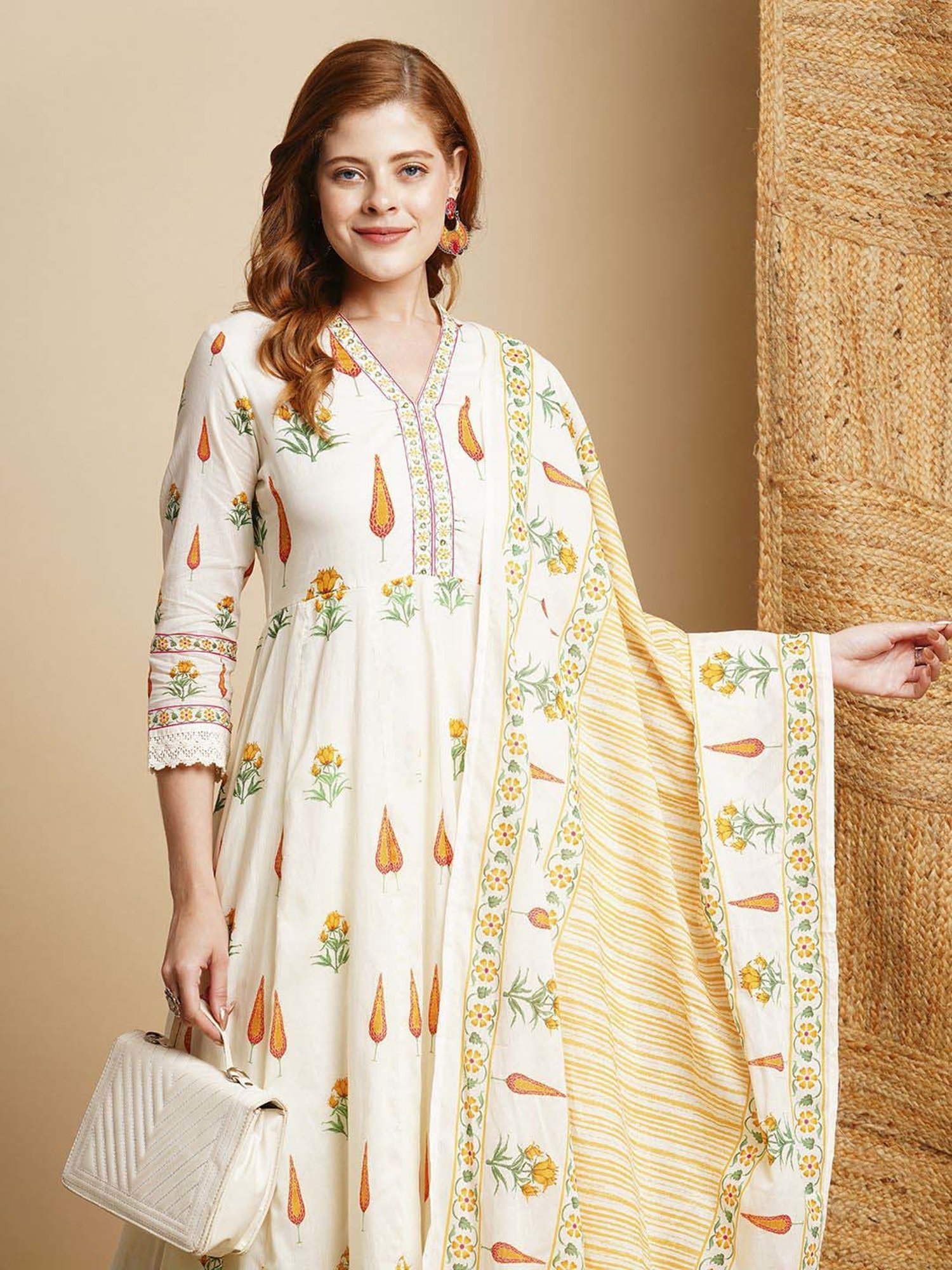 Fashor White Cotton Printed Kurta & Pant Set With Dupatta
