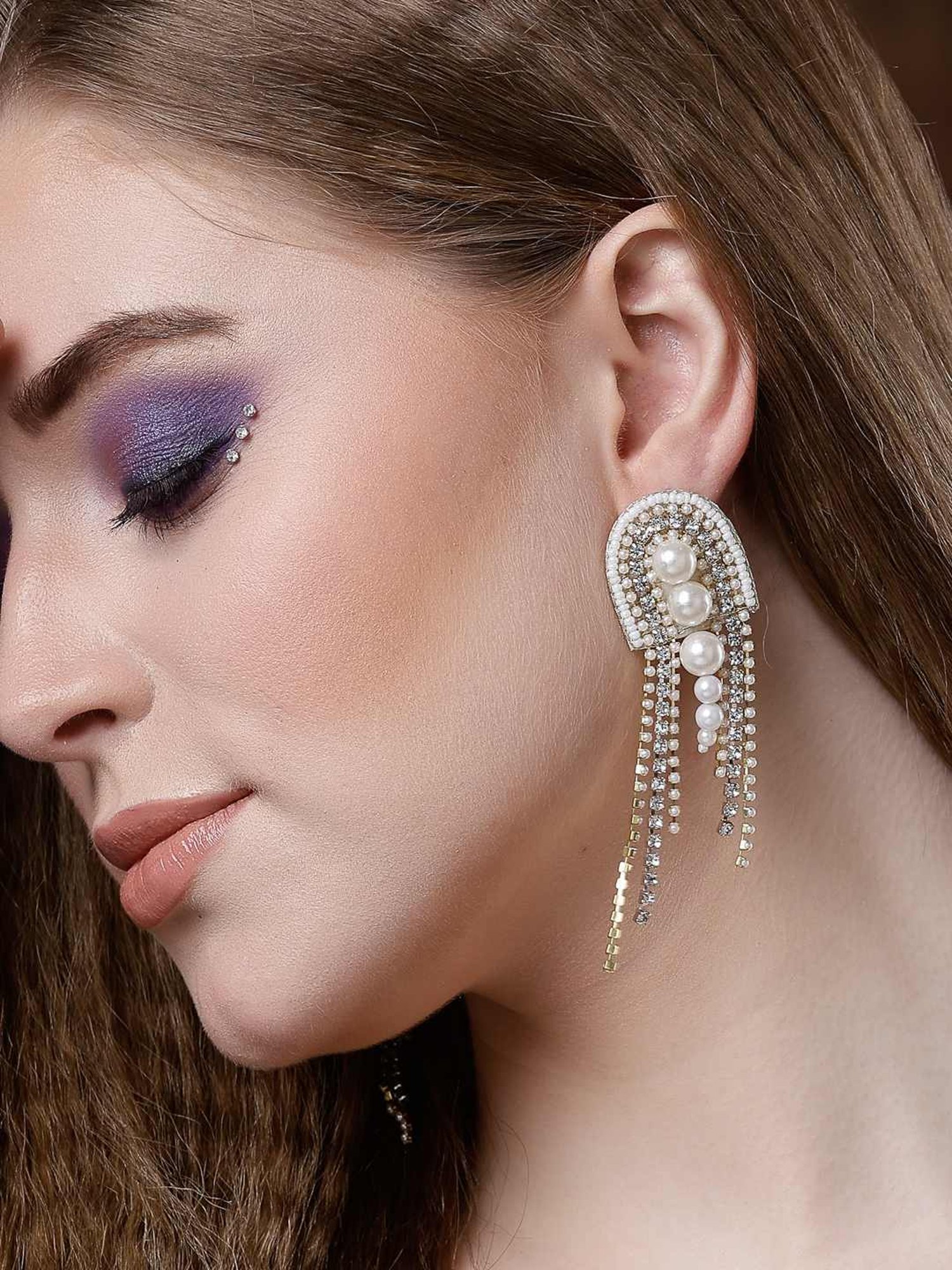 Moedbuille Crystals and Pearls Handcrafted Contemporary Design Tasselled Earrings