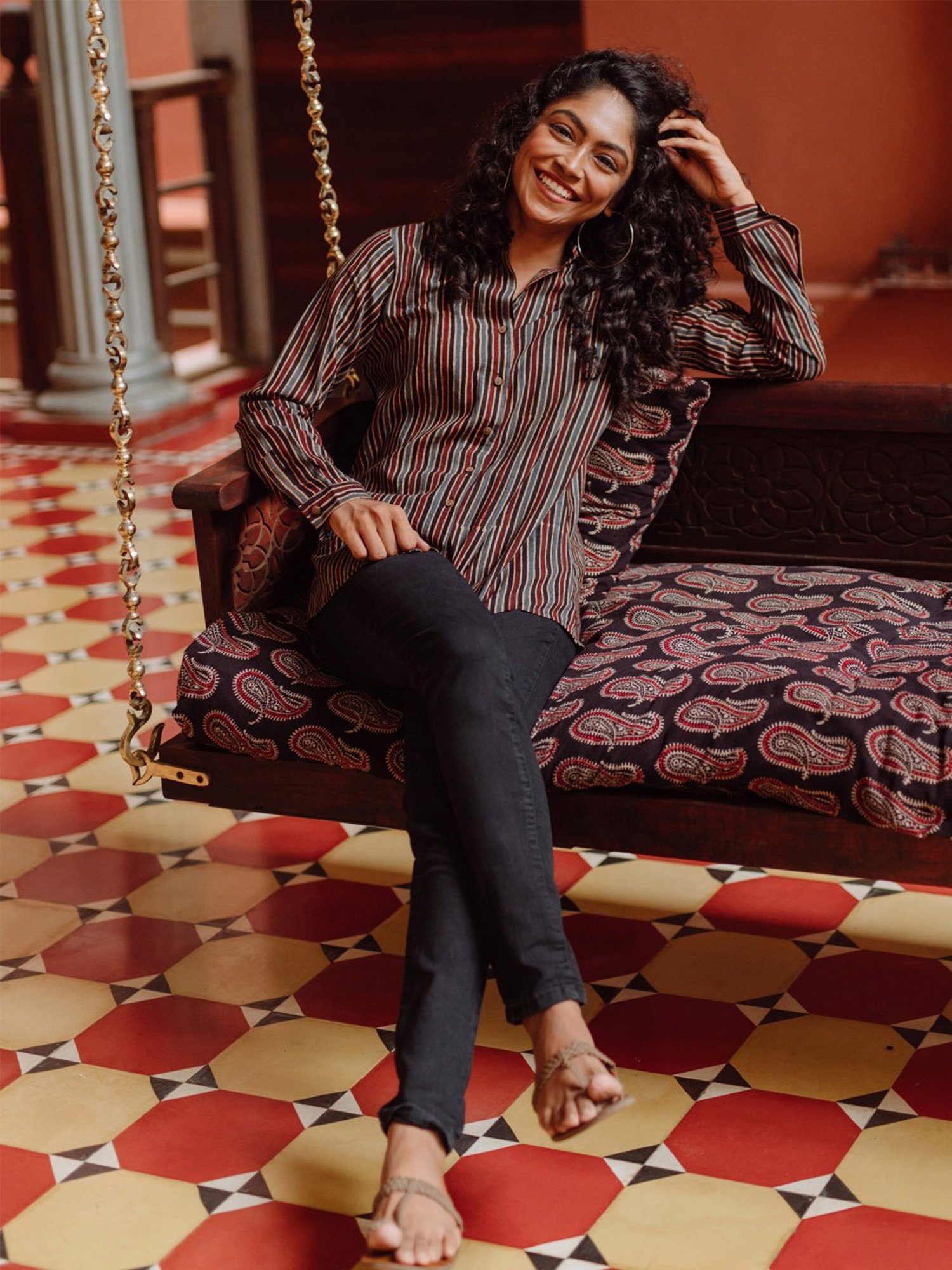 Okhai Rhythm Dark Brown & Black Pure Cotton Striped Shirt