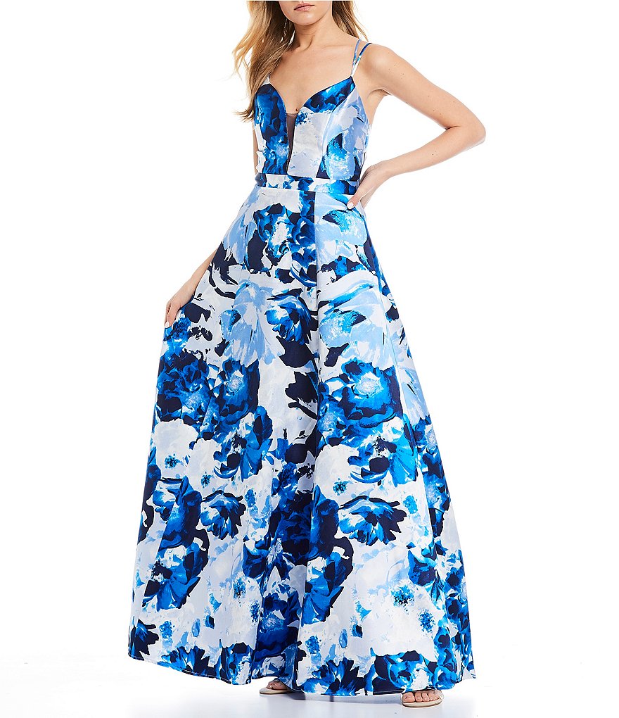 Sequin Hearts Spaghetti Strap V-Neck Floral Print Ball Gown