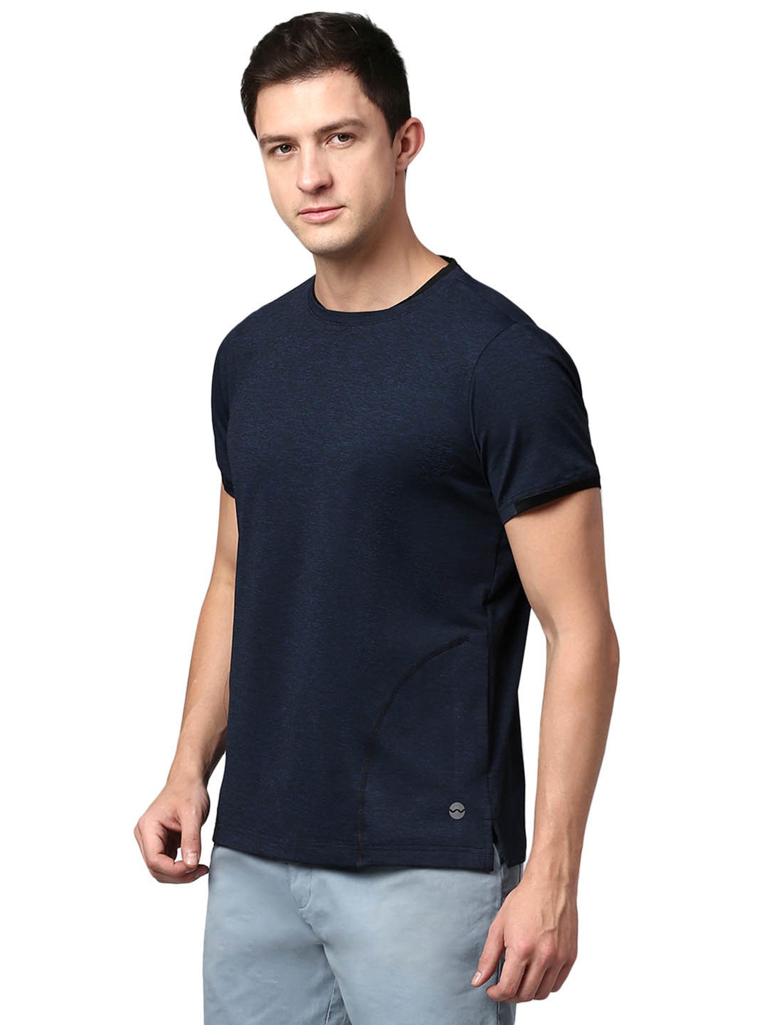 Slowave Navy Regular Fit Self Design T-Shirt