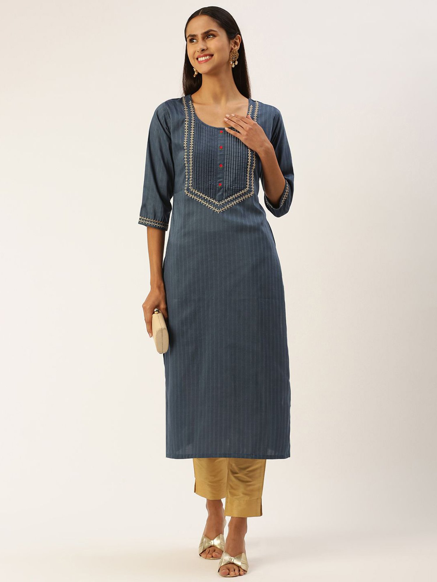 SHANVIKA Blue Striped Straight Kurta