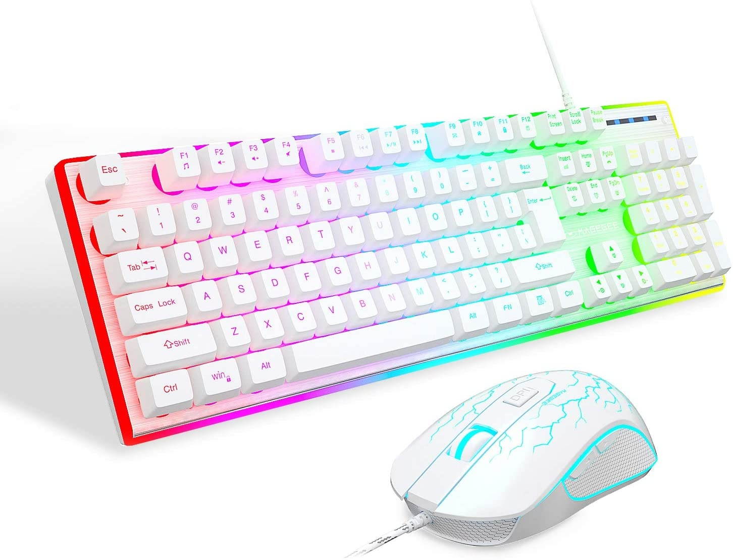 Gaming Keyboard and Mouse Combo, MageGee GT838 RGB Backlit Keyboard 104 Keys Aluminum Panel USB Quiet Wired Computer Keyboard for Windows PC Laptop - White/Silver