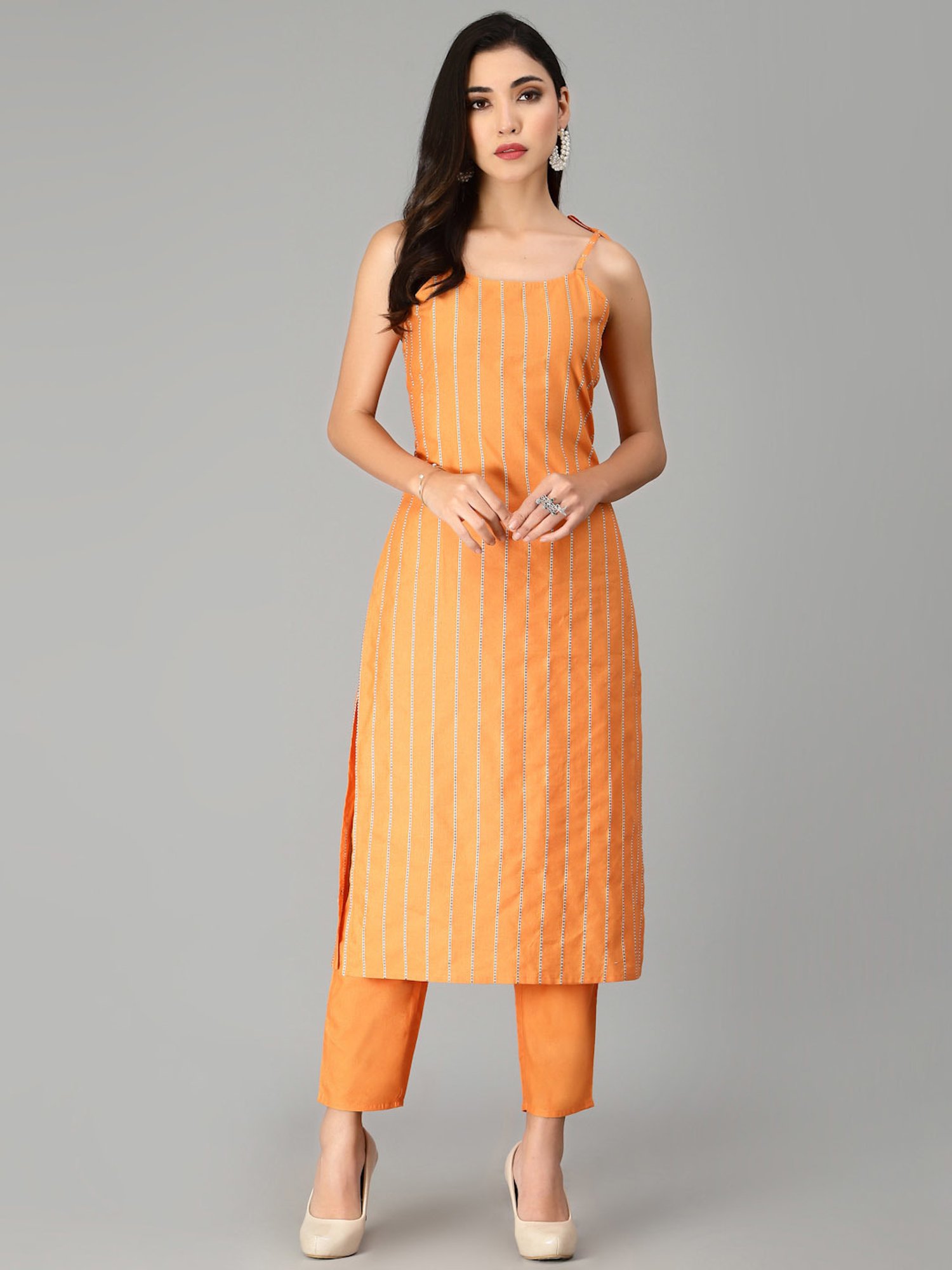 Stylum Orange Striped Kurta Pant Set With Dupatta