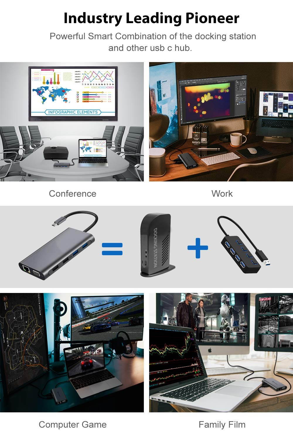 USB C Hub, Triple Display USB Type C Adapter Docking Station with 2 HDMI, VGA, Power Delivery Type C Port,SD TF Card Reader, 4 USB Ports USB-C Dock Compatible for MacBook, Other USB C Laptop