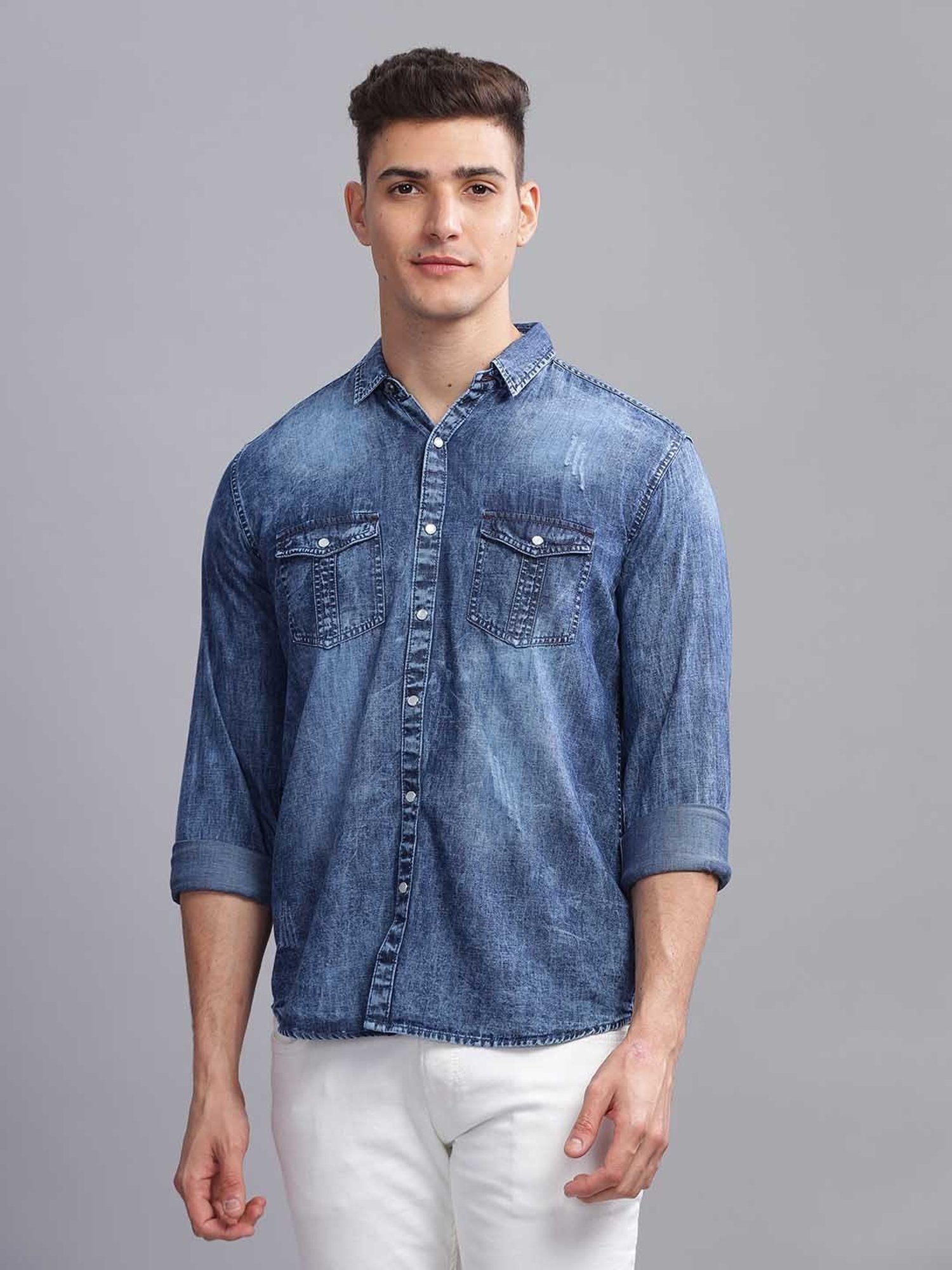 Kuons Avenue Indigo Blue Slim Fit Denim Shirt