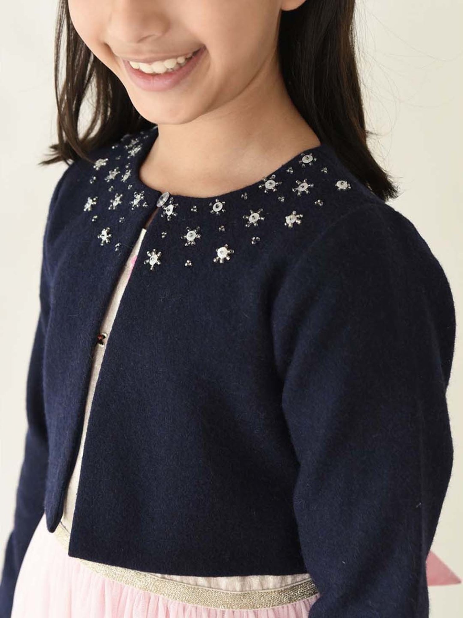 A Little Fable Navy Embroidered Full Sleeves Shrug