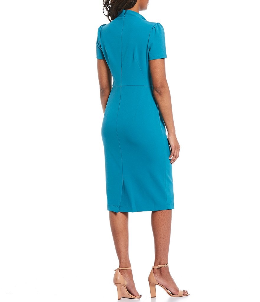 Maggy London Tie Neck Puff Sleeve Stretch Crepe Sheath Dress