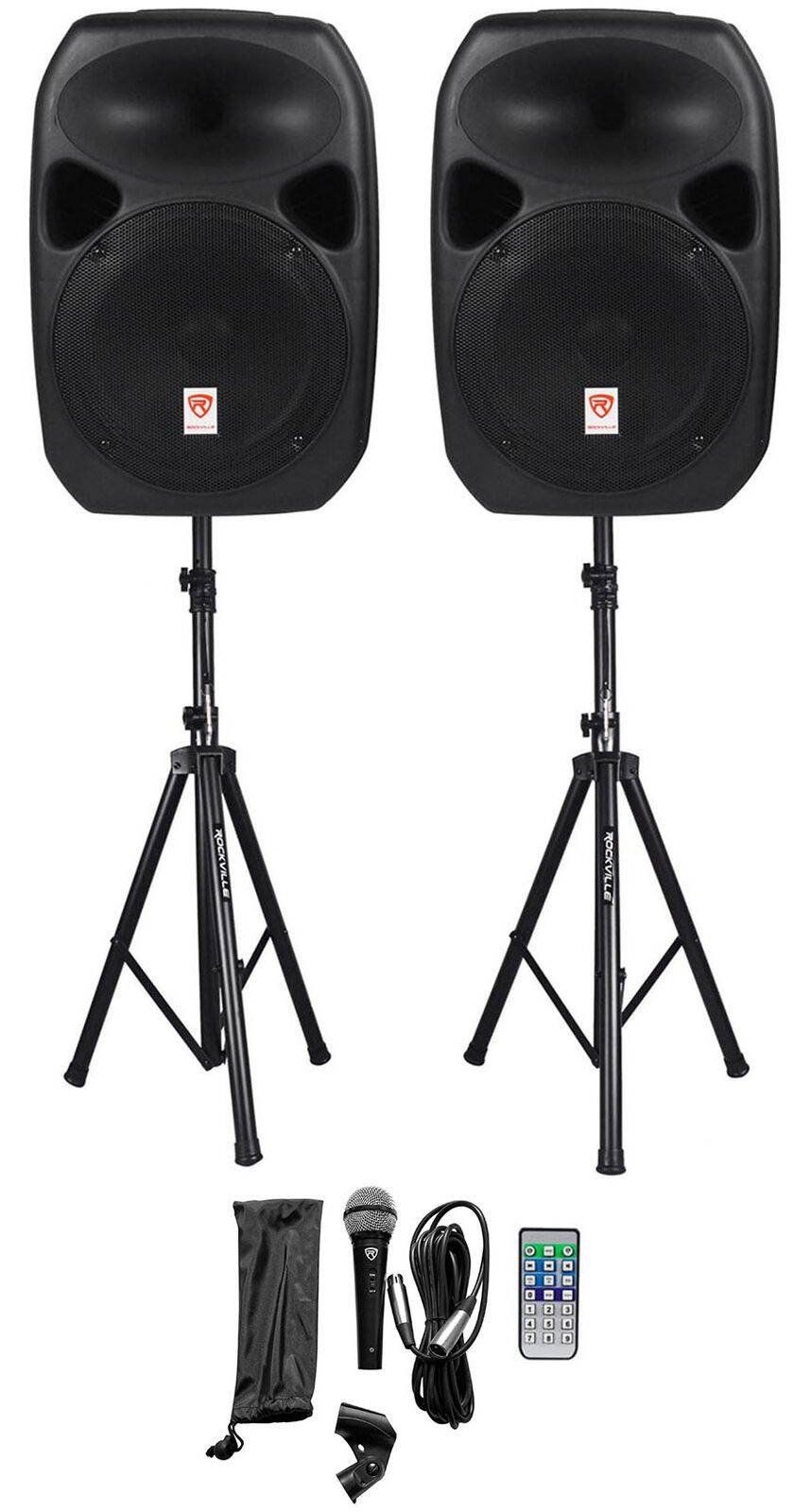 RPG122K Dual 12" Powered Speakers, Bluetooth+Mic+Speaker Stands+Cables
