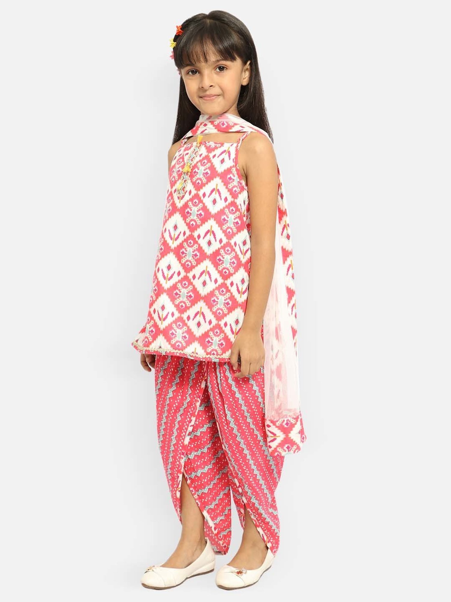 Nauti Nati Kids White & Pink Embellished Kurta, Dhoti with Dupatta