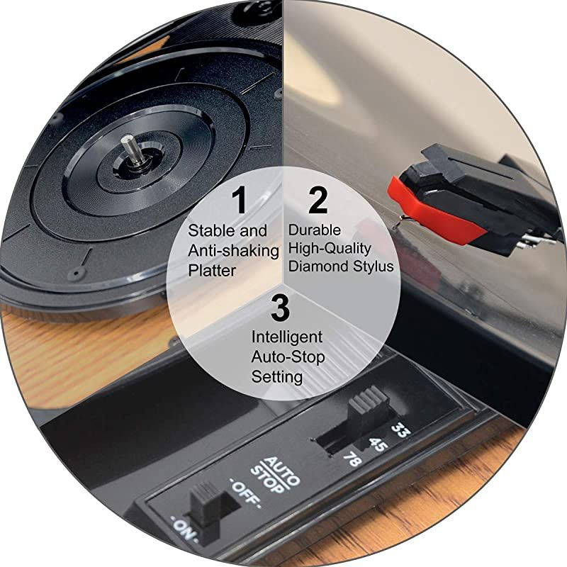 Bluetooth Record Player with Stereo Speakers3 Speed Briefcase Turntable with PlayampEncoding Pitch Control and RCA OutputampAux InputBlack