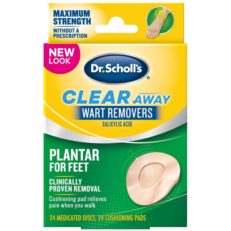 Dr. Scholl's Clear Away Wart Remover Plantar for Feet – 24 Medicated Discs and 24 Pads