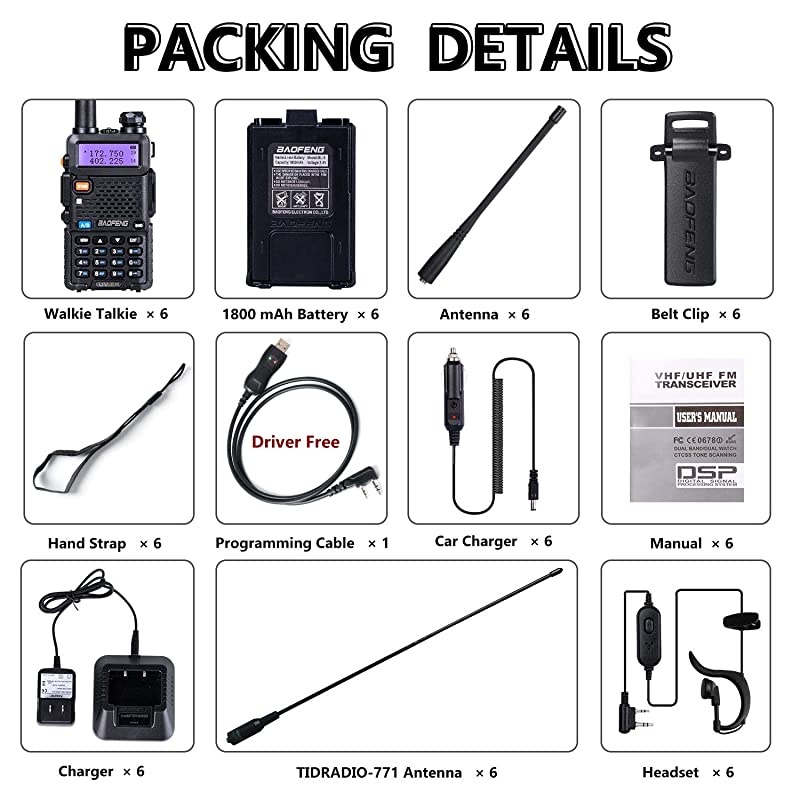 Radio UV5R Dual Band Ham Radio 6 Pack + 1 TIDRADIO Driver Free Programming Cable + 6 TD771 Antennas and Radio Mics + 12 1800mAh Batteries  Walkie Talkie