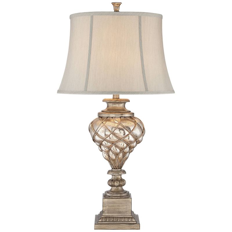 Barnes and Ivy Traditional Table Lamp with Nightlight LED Mercury Glass Off White Mist Fabric Bell Shade for Living Room Family
