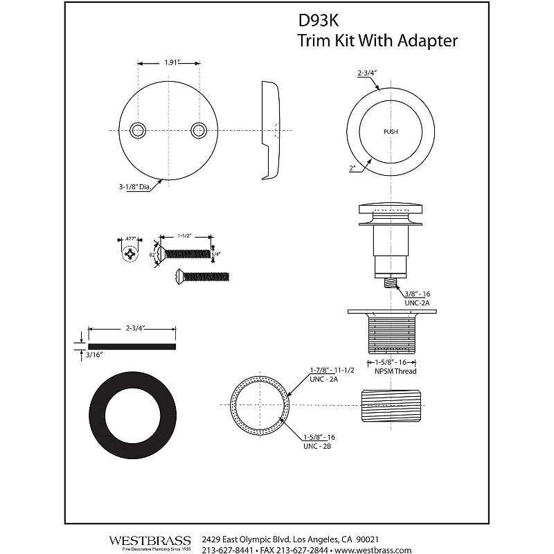 Westbrass 1.5 Inch Diameter Round Universal Tiptoe Drain Bathtub and Shower Trim Set with 2-Hole Faceplate, Polished Chrome Finish