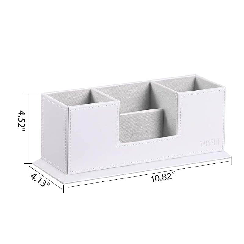 PU Leather Desk Organizer with 4 Compartments, Card/Pen/Pencil/Mobile Phone Stand Office Supplies Holder Desktop Remote Caddy, Home and College Dorm Decor Accessories Storage Box for Women