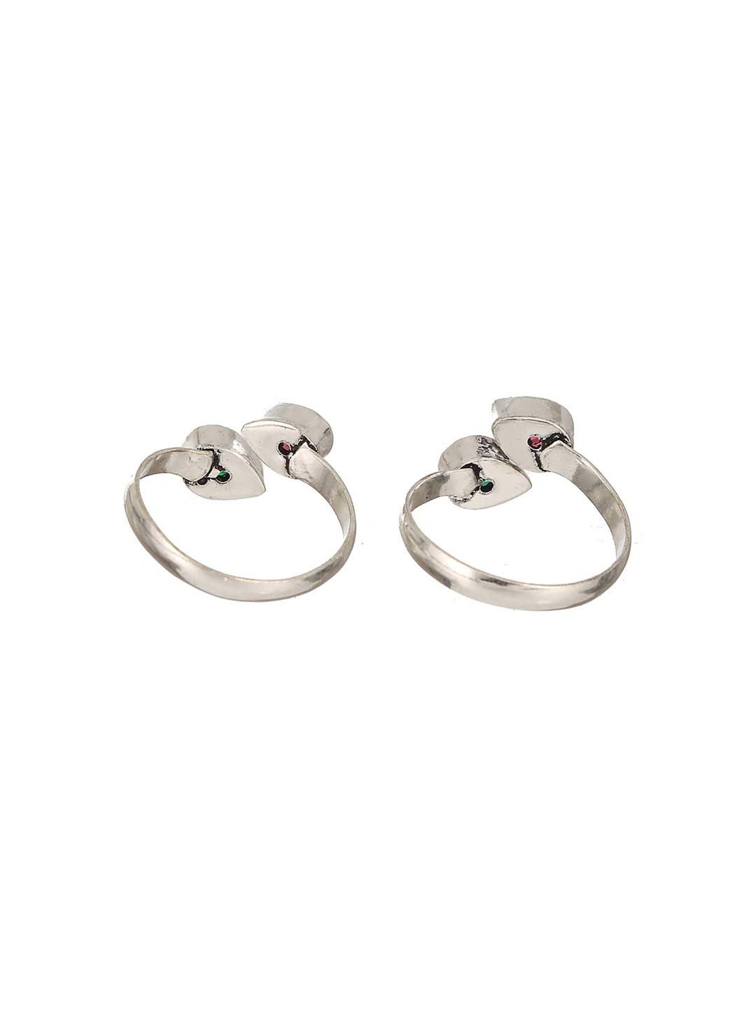 Saraf RS Jewellery Silver Toned Red & Green Stone Studded Adjustable Toe Rings - Set of 2
