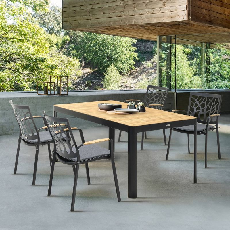 Portals Outdoor Rectangle Dining Table in Black Finish with Natural Teak Wood Top - Armen Living