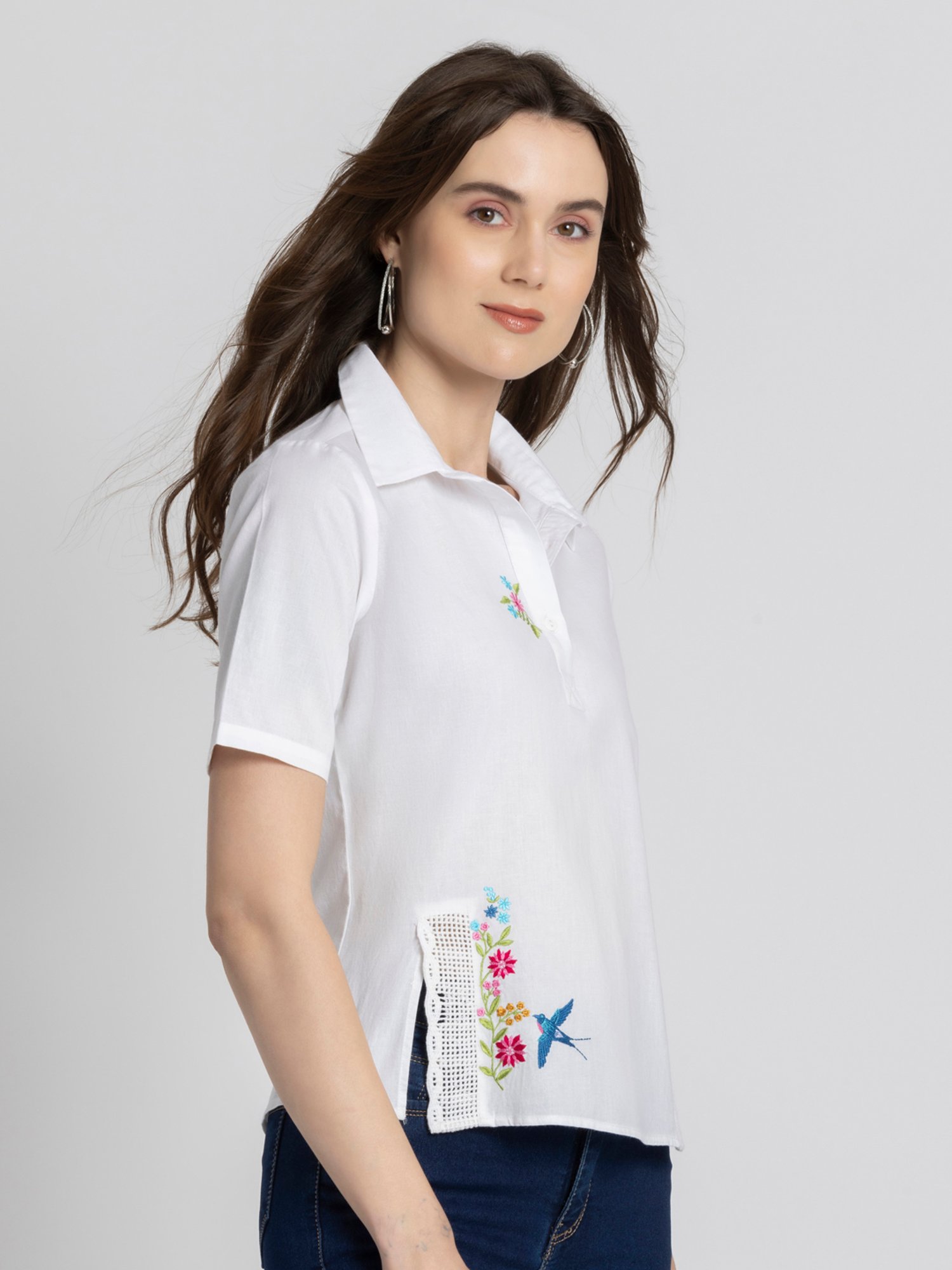 SHAYE White Cotton Embroidered Top