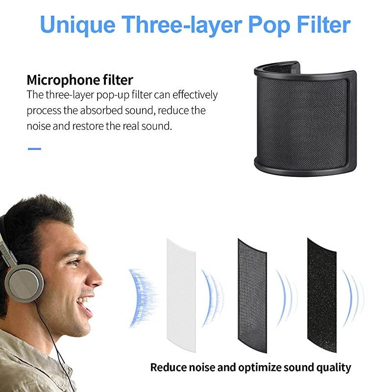 Pop Filter, [Upgraded Three Layers] Metal Mesh & Foam & Etamine Layer Microphone Windscreen Cover Handheld Mic Shield Mask,Microphone Accessories for Vocal Recording,Youtube videos,Streaming