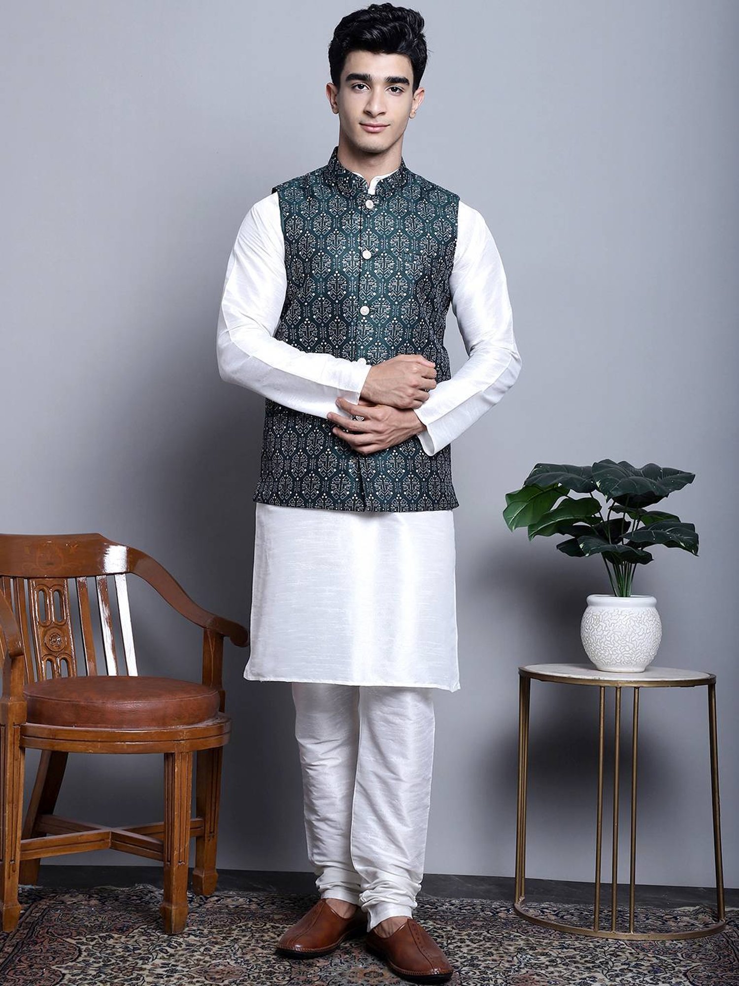 Jompers Olive Regular Fit Printed Nehru Jacket