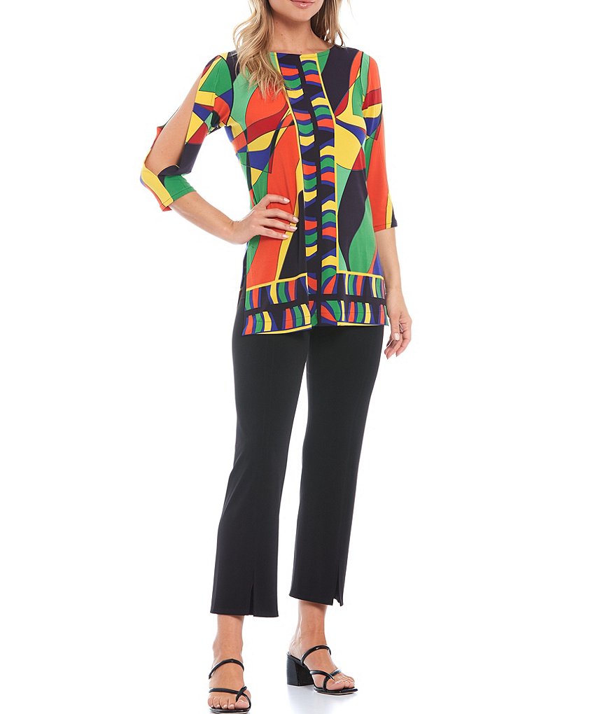 Eva Varro Abstract Geo Print Knit Jersey 3/4 Slit Sleeve Tunic