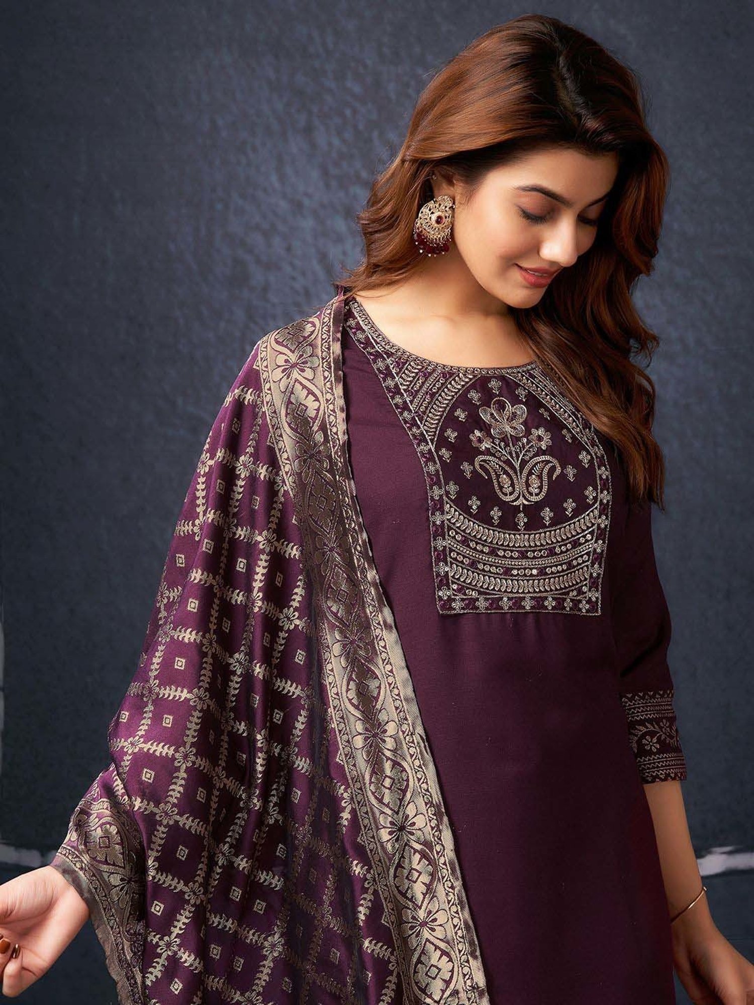 Skylee Maroon Cotton Embroidered Kurta Pant Set With Dupatta