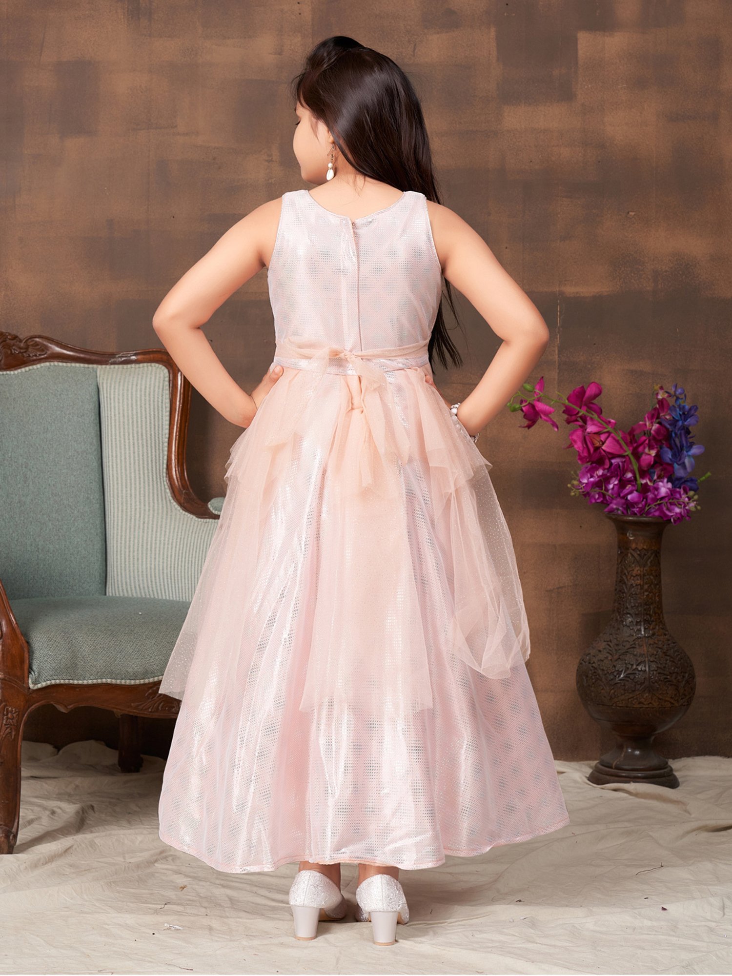 Aarika Kids Peach Embellished Gown with Unstiched Sleeves