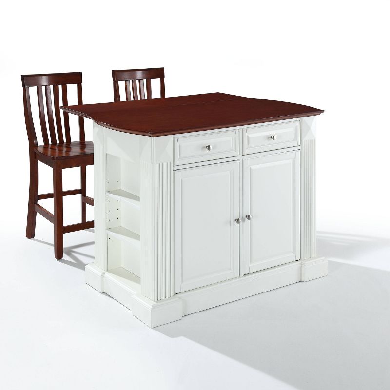 Coventry Drop Leaf Top Kitchen Island with 2 School House Stools White - Crosley