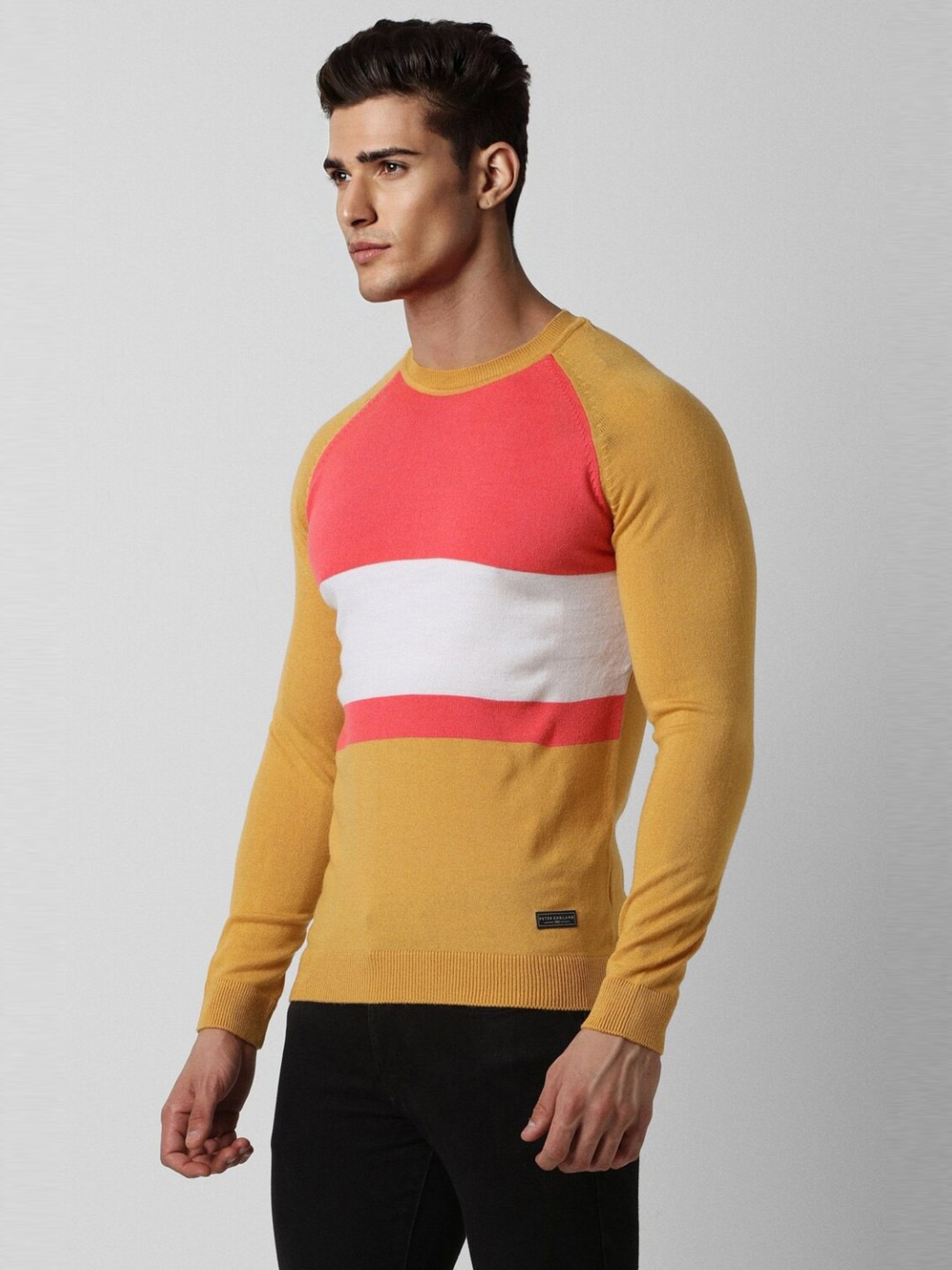Peter England Yellow Cotton Regular Fit Colour Block Sweater