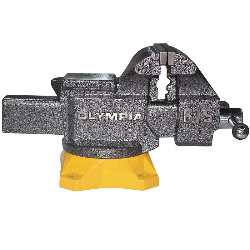 Olympia Tools 38 615 Powder Coated 5 Inch Powder Coated Steel Mechanic Bench Vise with Chrome Spindle and Handle, Yellow Base