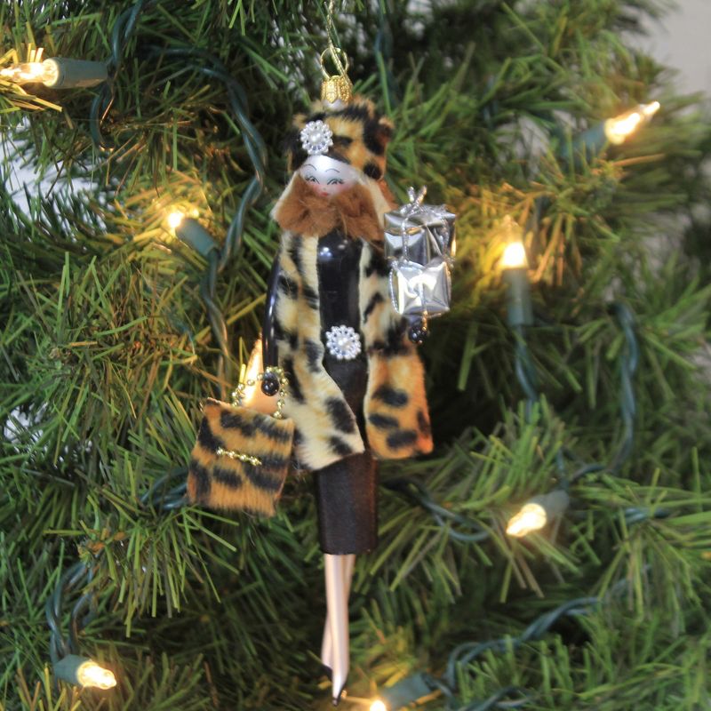 Italian Ornaments 7.25" Ariana In Faux Leopard Coat Ornament Italian Diva Lady  -  Tree Ornaments