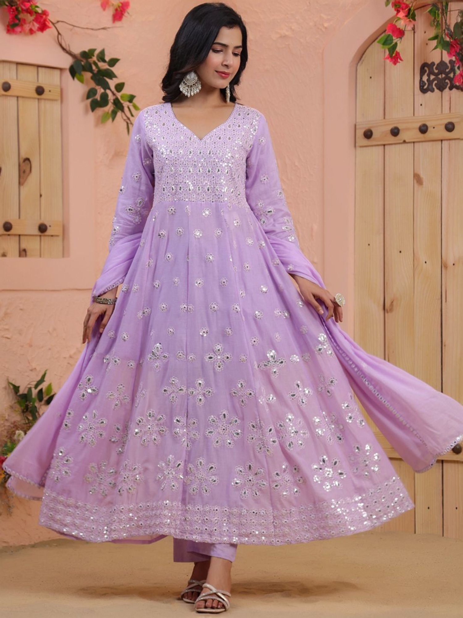 SCAKHI Purple Cotton Embroidered Kurta Pant Set With Dupatta