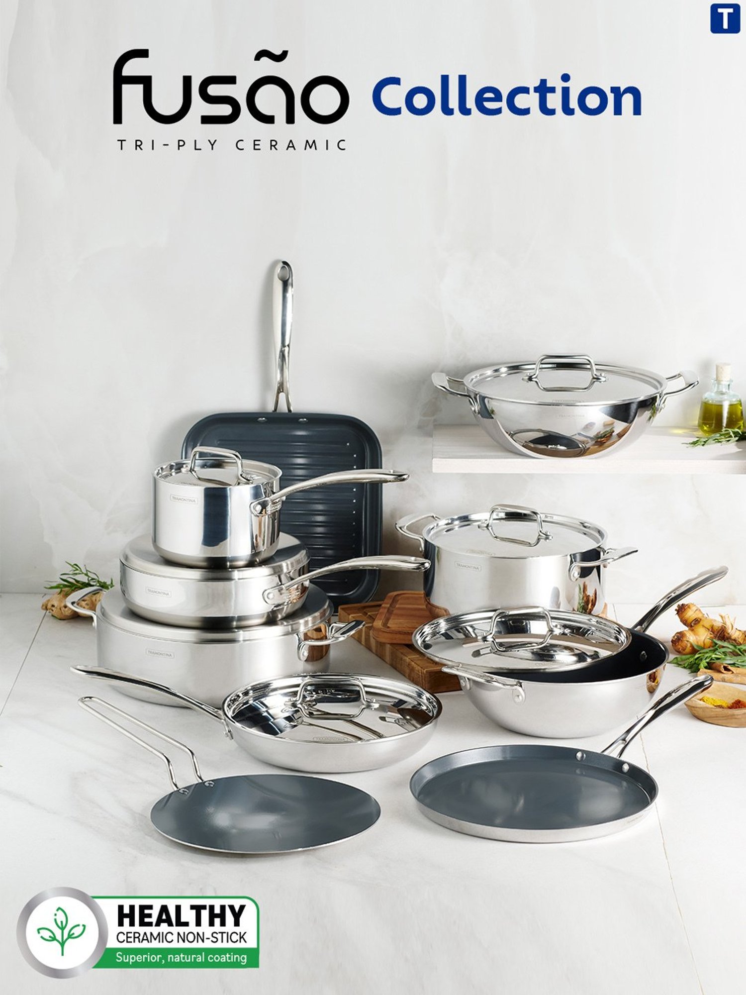 Tramontina Fusao Non-Toxic Triply Stainless Steel Ceramic Grill Pan 26cm Stay Cool Handle