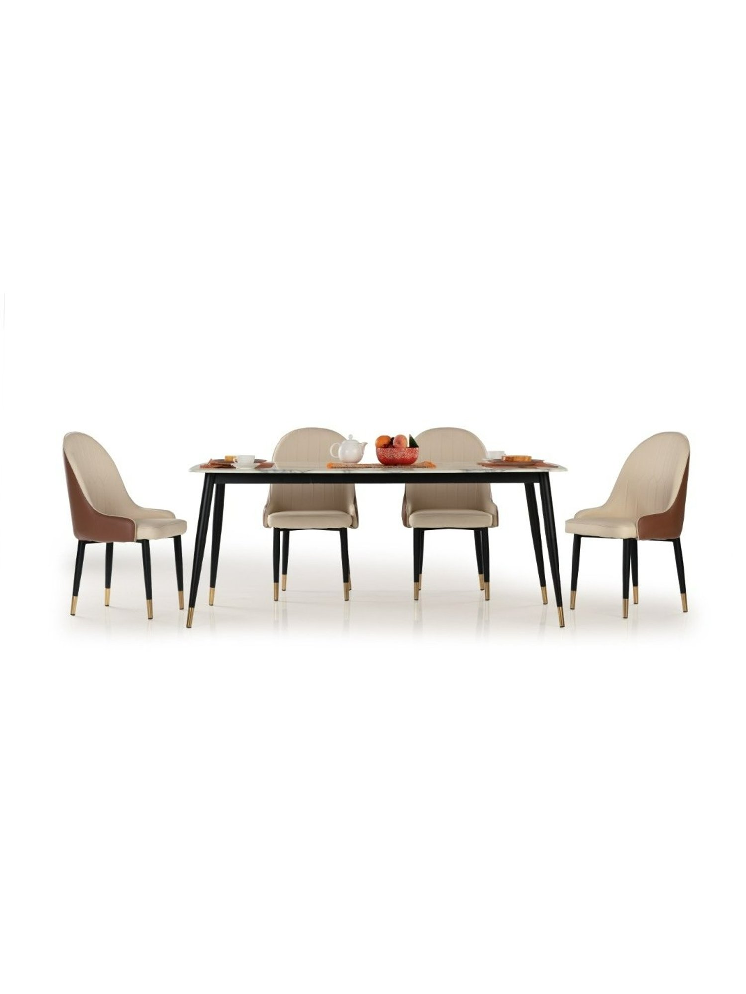 Durian Octavia Contemporary Pearl White & Beige Marble 4 Seater Dining Table Set Almond Finish