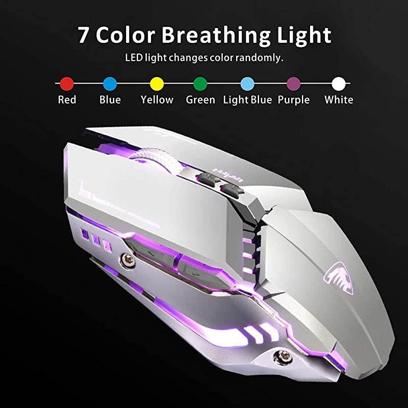 T12 Wireless Gaming Mouse Rechargeable 24G Silent Optical Wireless Computer Mice with Changeable LED Light Compatible with Laptop PC 7 Buttons 3 Adjustable DPI Silver