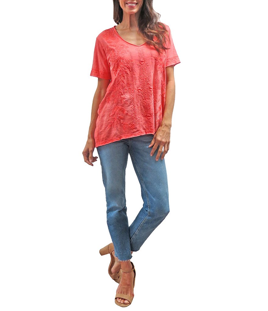 Karyn Seo Dolly V-Neck Tonal Embroidered Cotton T-Shirt