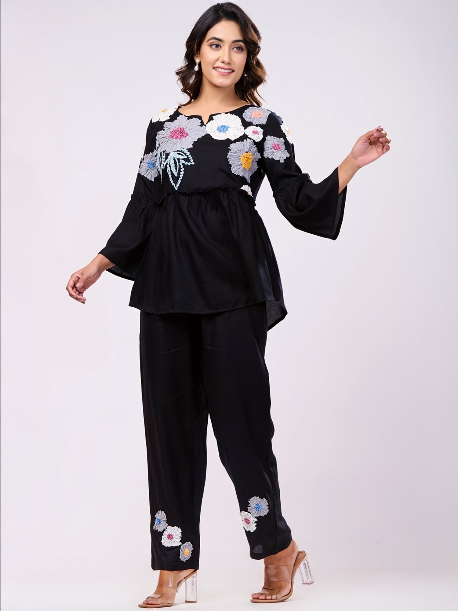 Zolo Label Black Cotton Embroidered Top Pant Set