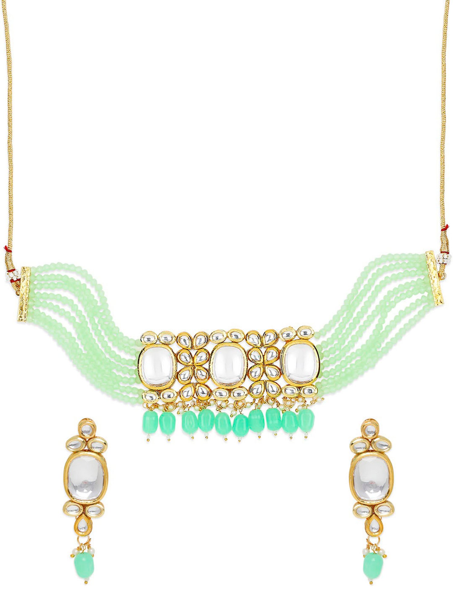 OOMPH Mint Green Beads & Kundan Ethnic Choker Necklace Set with Earrings