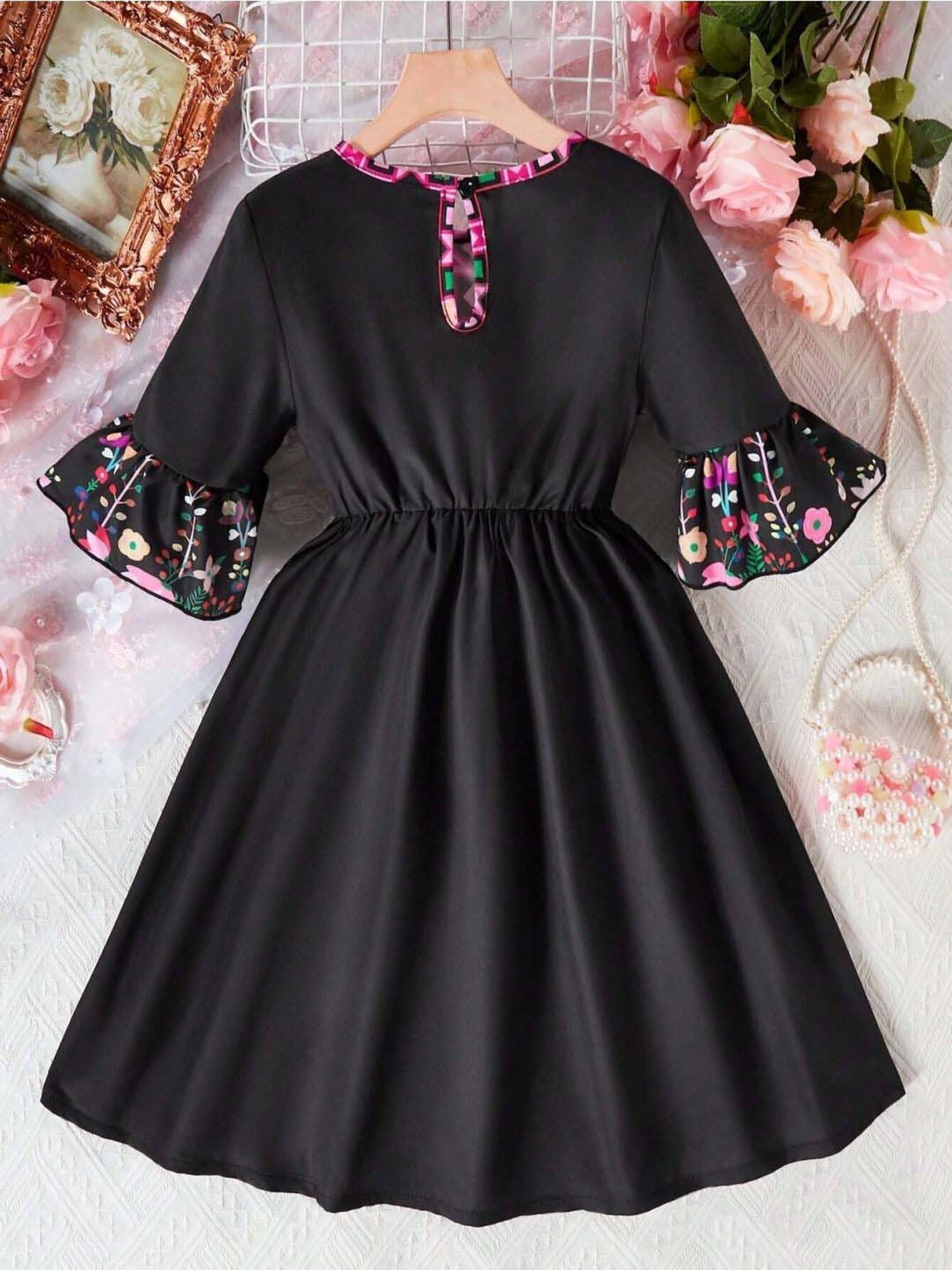 Bolly Lounge Girls Jet Black Floral Dress