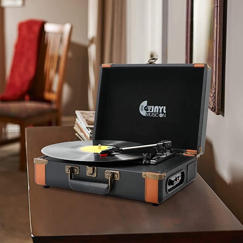 Bluetooth Turntable with Stereo Speakers3 Speed Vinyl Record Player Supporting Wireless Connection Retro Black