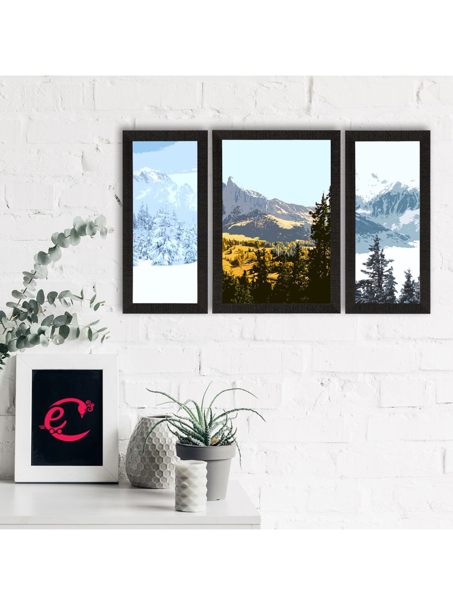 eCraftIndia Set of 3 Scenic Snow Mountains Landscape View Satin Matt Texture UV Art Painting